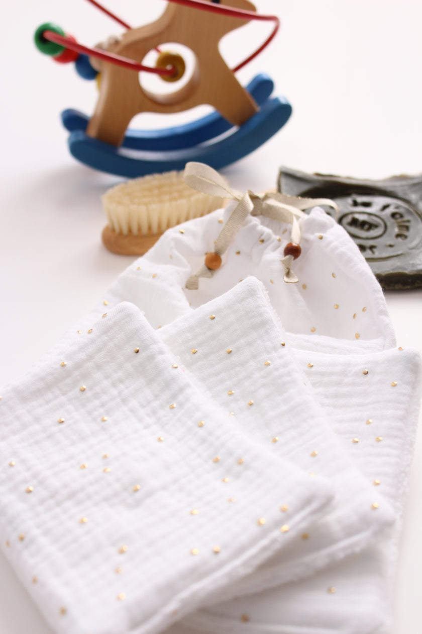 Lingettes bébé blanc pois doré