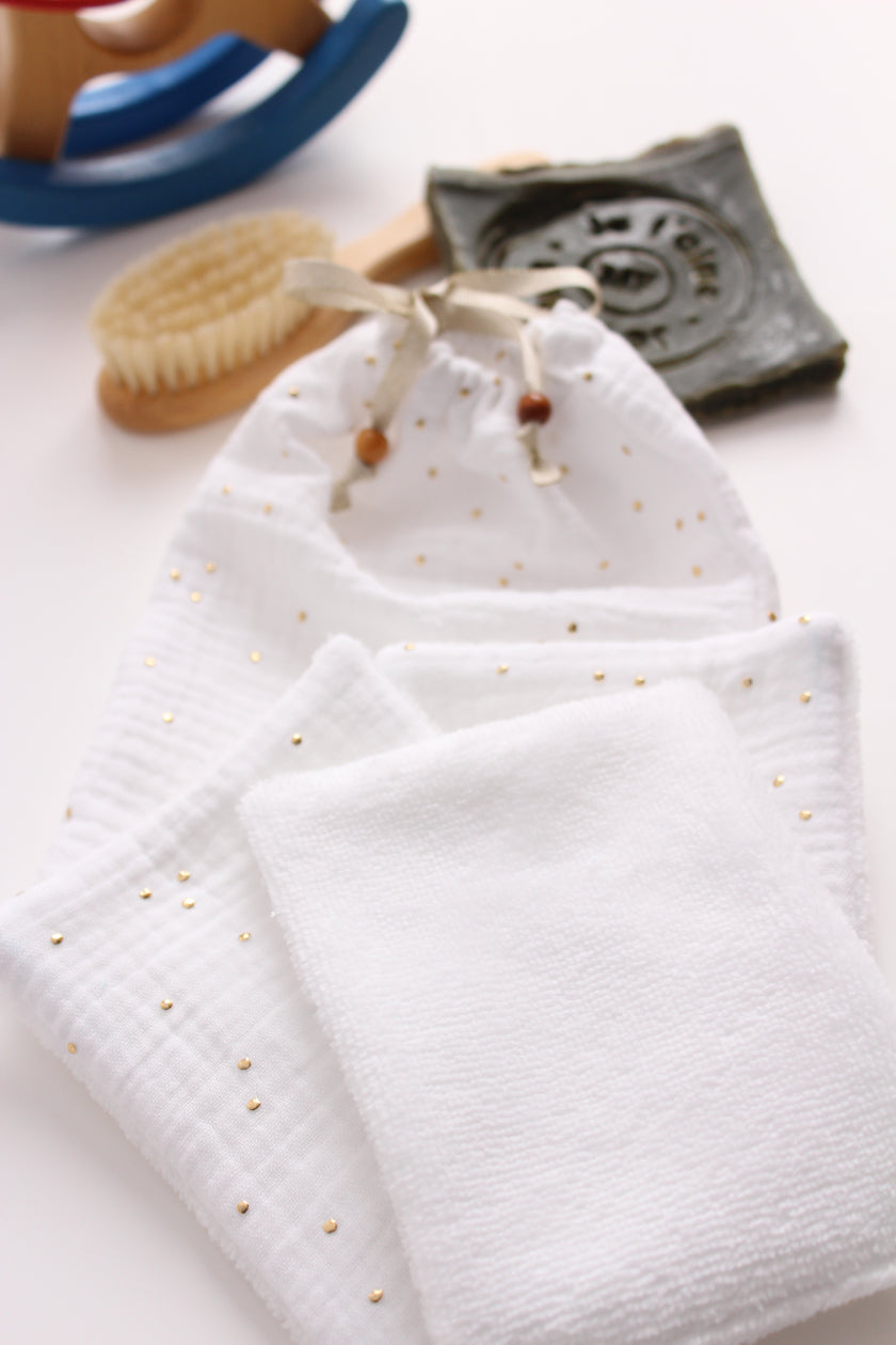 Lingettes bébé blanc pois doré