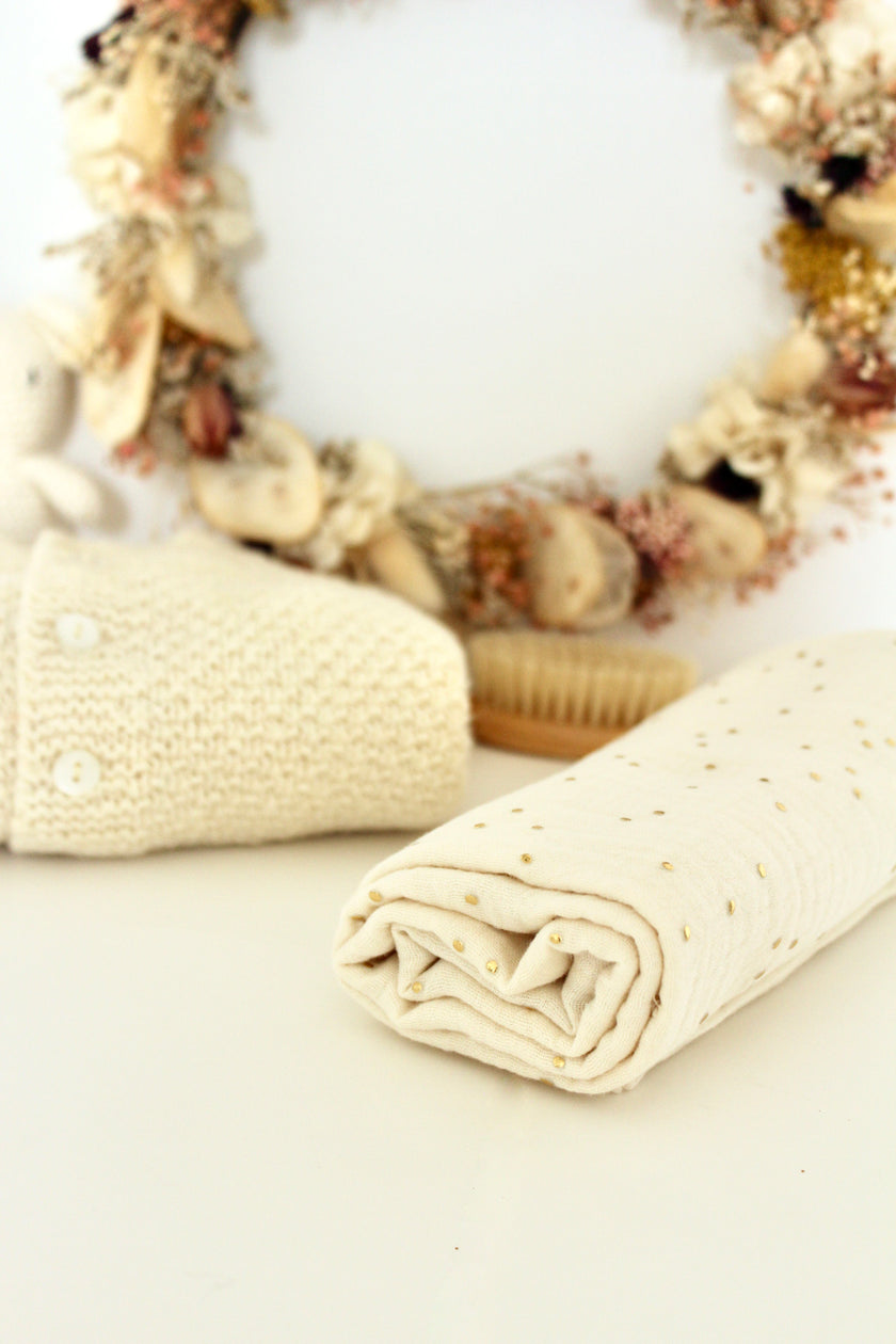 grand lange en gaze de coton écru avec petits pois dorés