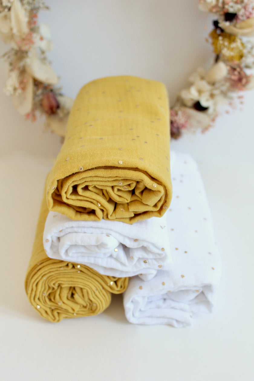 lange XXL grand format gaze de coton blanc petits pois dorés